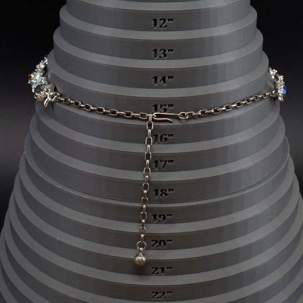 Vintage AB Rhinestone Flower Necklace Blue Enamel Silver Tone Adjustable - Picture 2 of 7